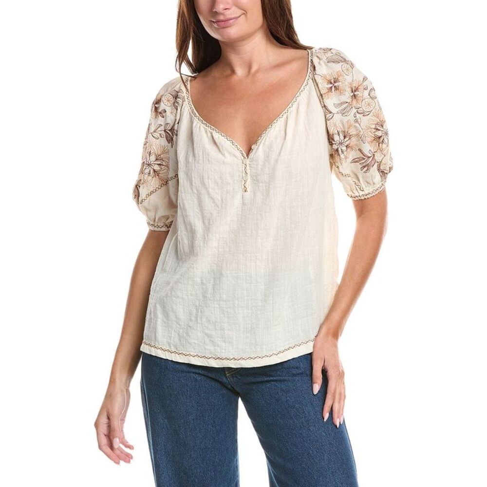 Max Studio Womens Elbow Sleeve Embroidered V-Neck Top, White